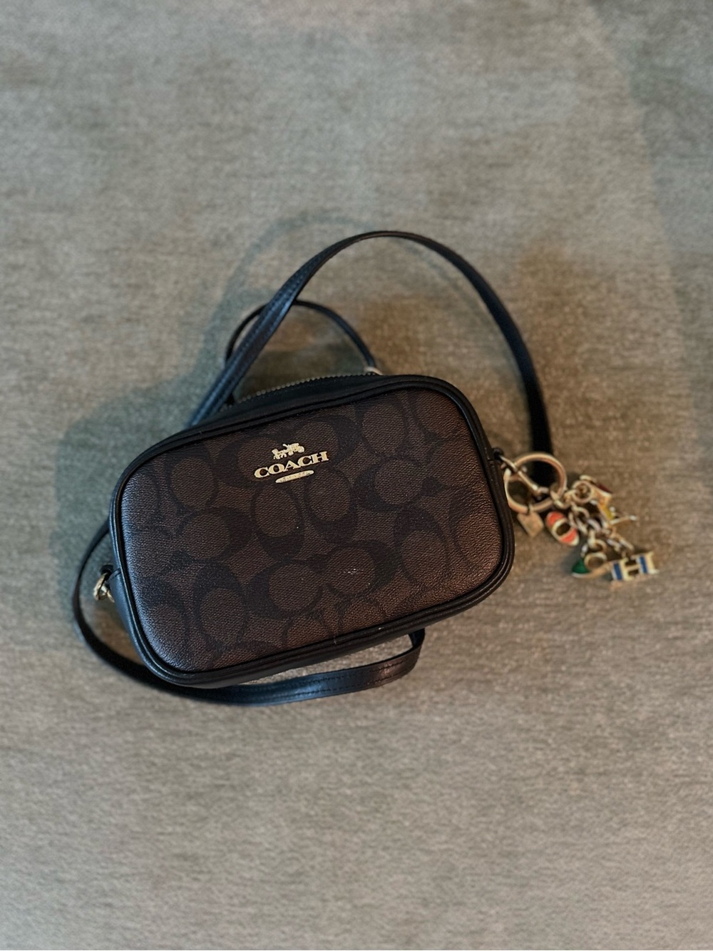 Coach Black/Brown Signature Crossbody with Gold Charm Accents